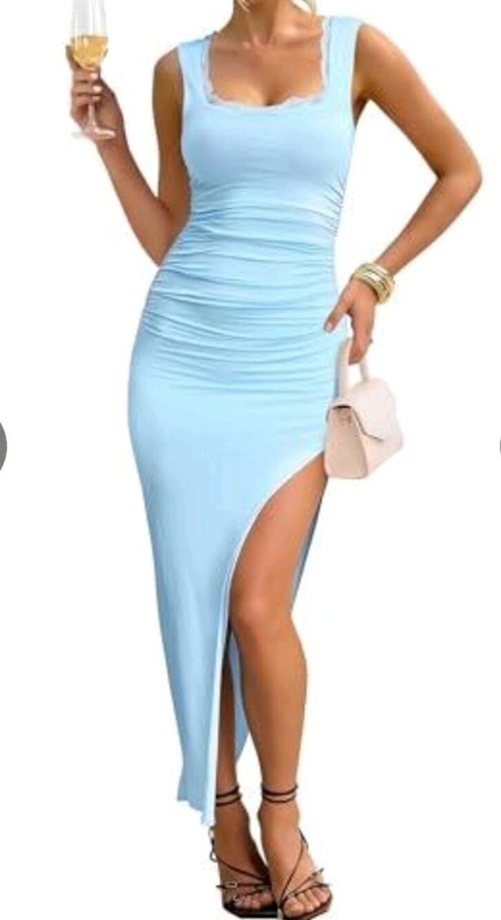 Sleeveless Lace Trim Square Neck Ruched High Split Long Dress Sz SMALL